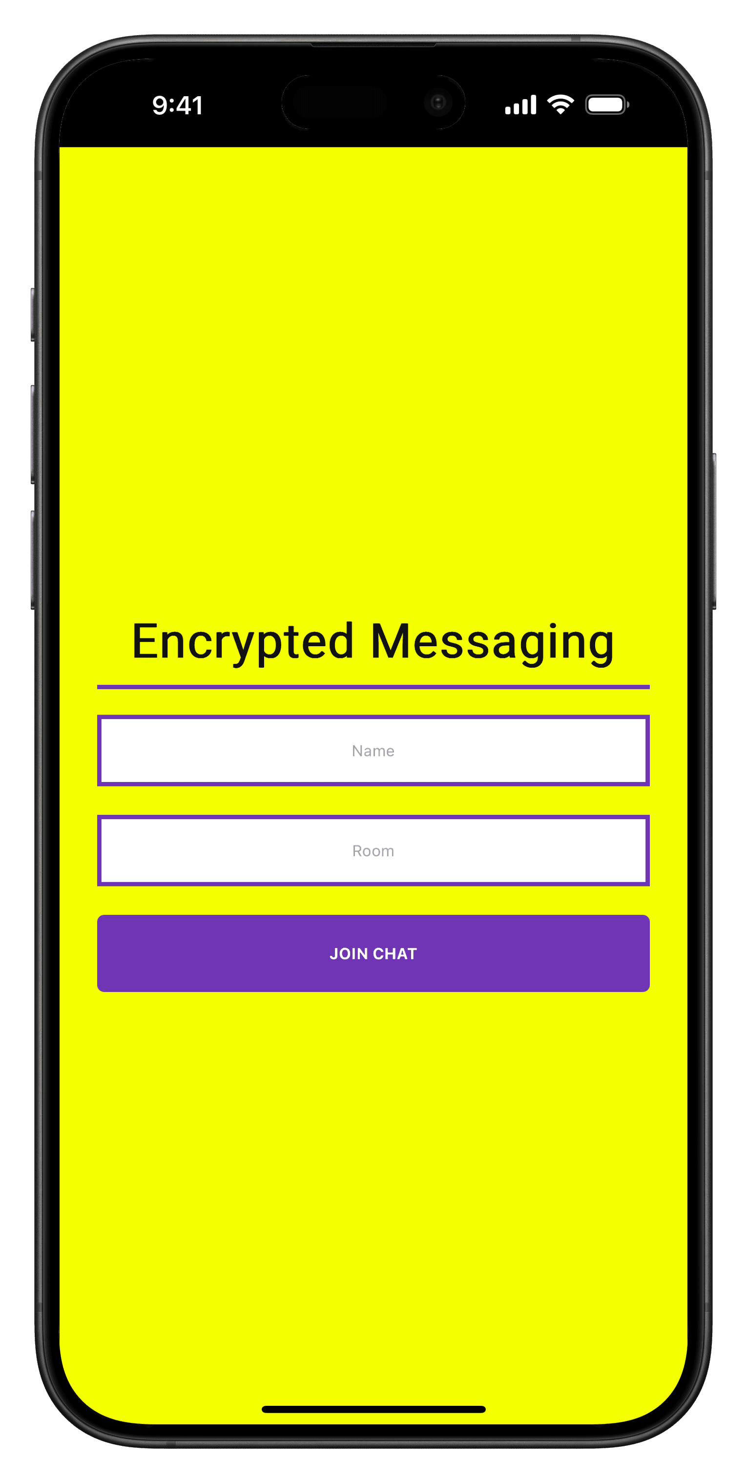 End-to-end encrypted chat app displayed inside a phone mockup.