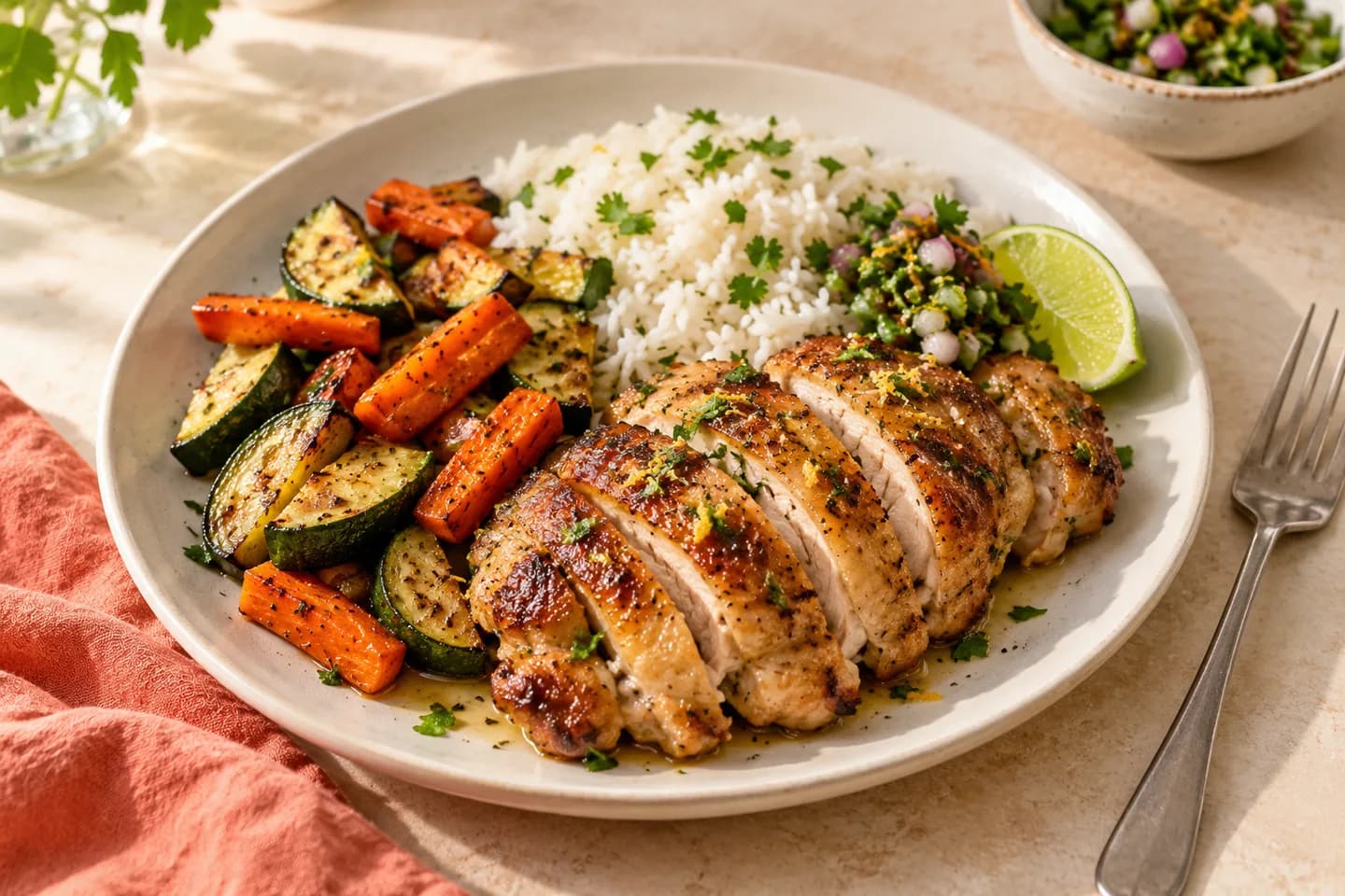 A generous plate of citrus chicken, rice and roasted vegetables from the sample menu.