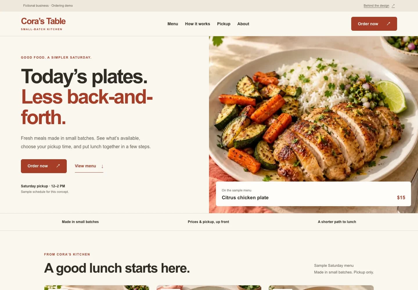 Cora’s Table concept homepage with warm food photography, a tomato-colored Order now action, and a pickup schedule.