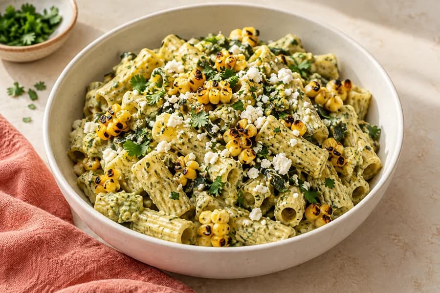 Pasta with creamy poblano sauce, corn and white cheese.