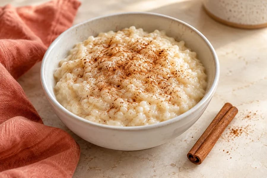 A small bowl of cinnamon rice pudding.