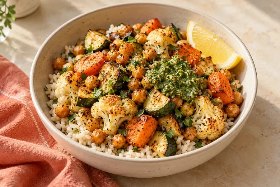 Roasted vegetables and chickpeas over rice with green herb sauce.