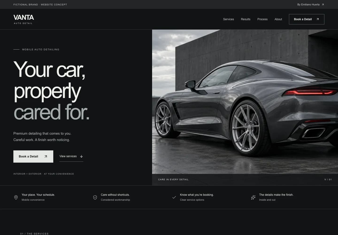 Vanta Auto Detail concept homepage with a dark visual identity, a graphite coupe, and a clear booking action.