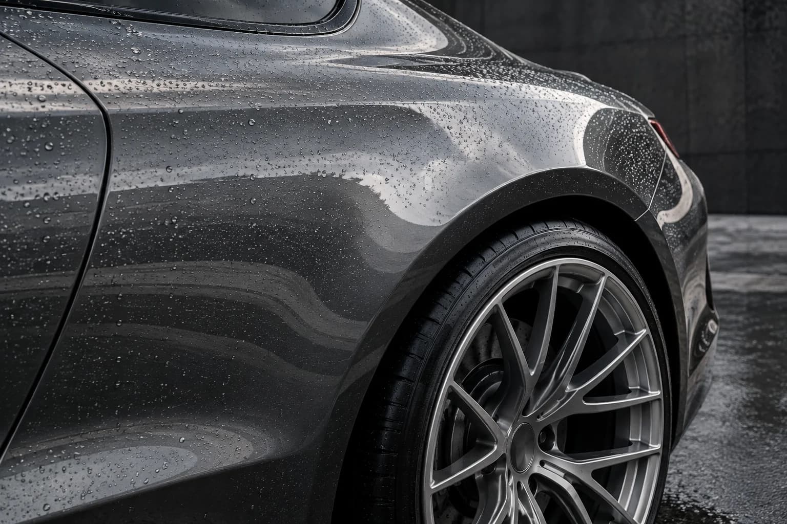 Water beads and soft reflections on graphite paint beside a silver alloy wheel. AI-generated illustration.
