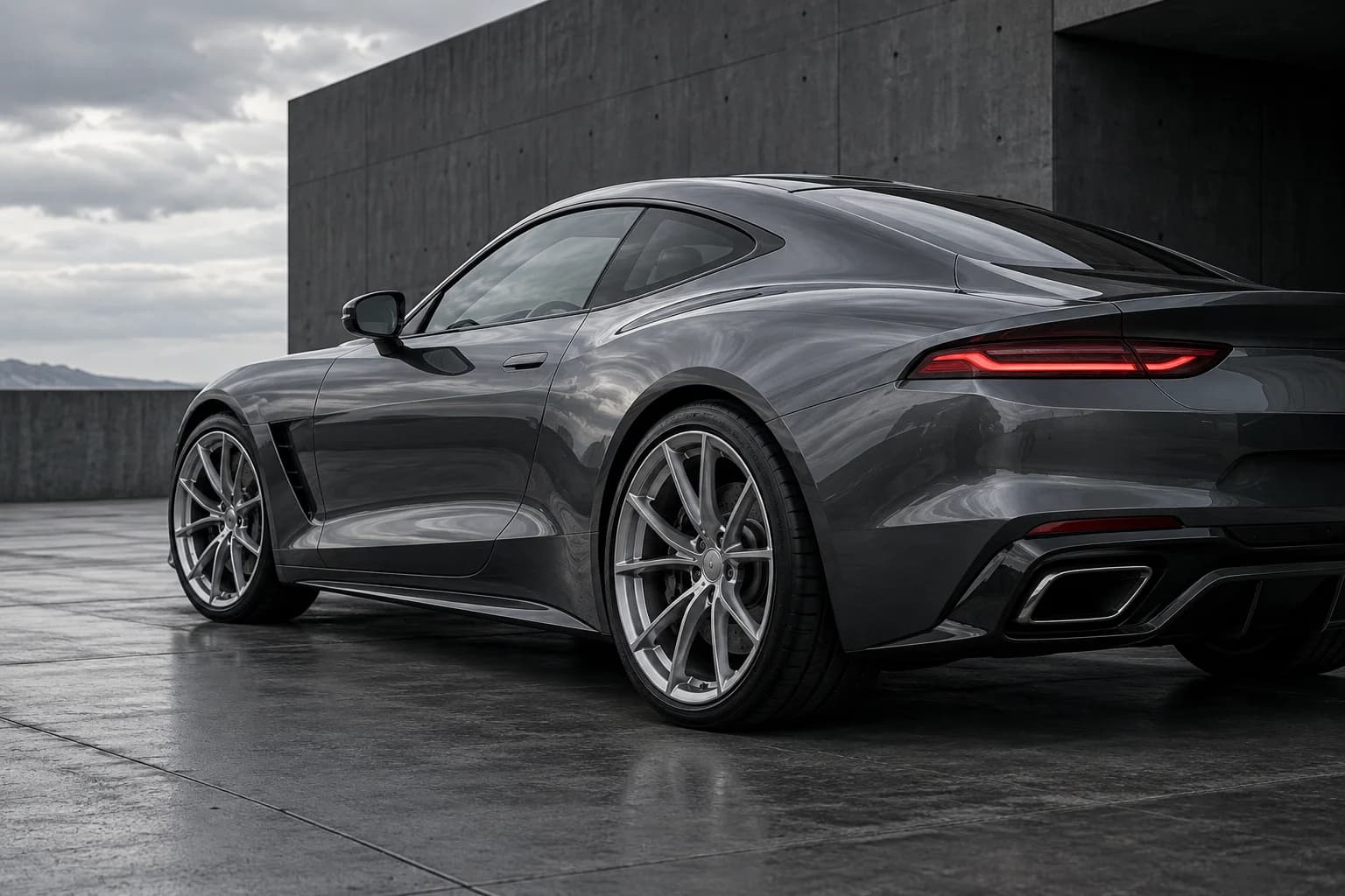 Graphite performance coupe against a quiet concrete backdrop. AI-generated concept imagery.