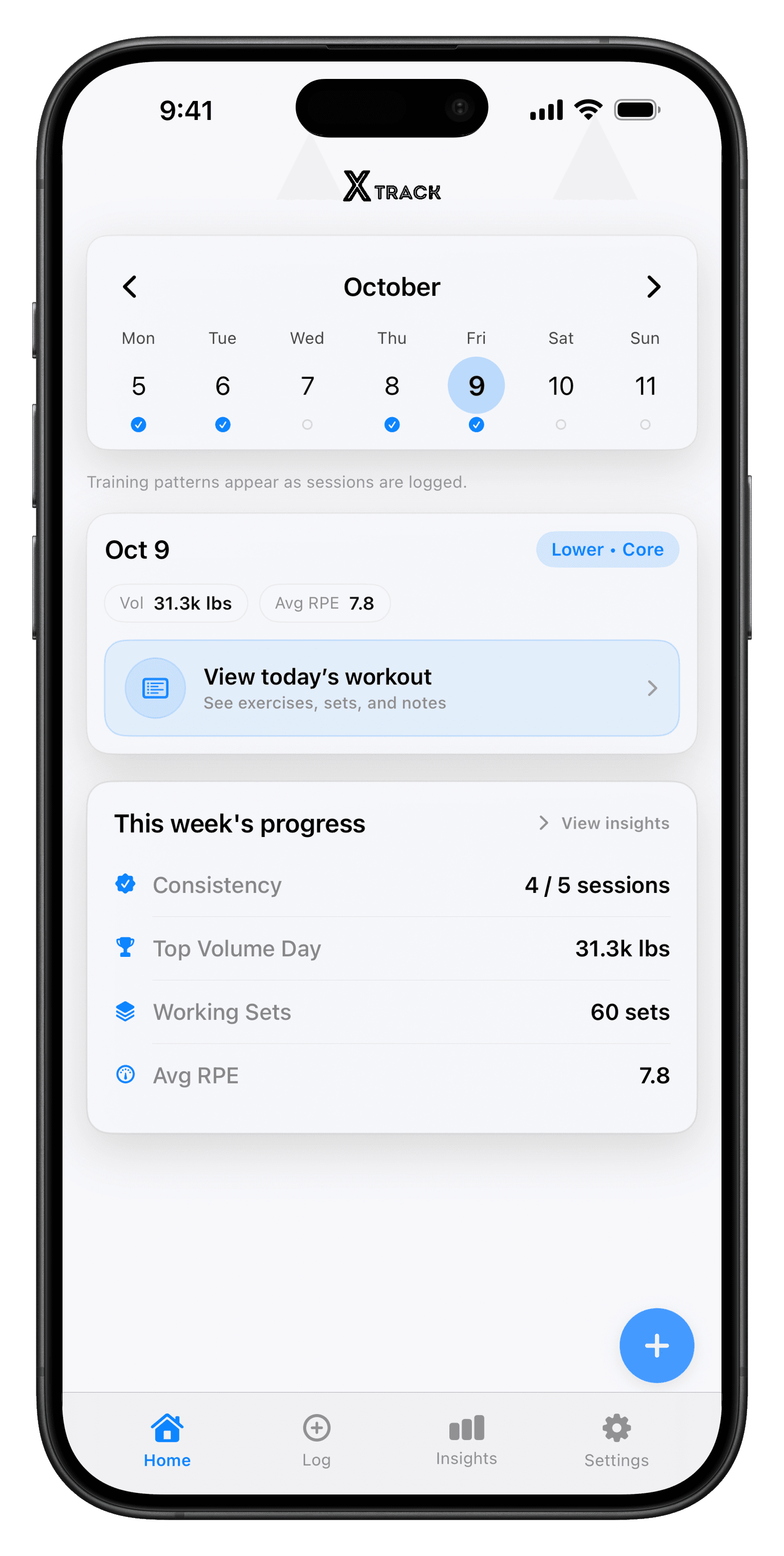 xTrack app home screen showing workout tracking and training stats.