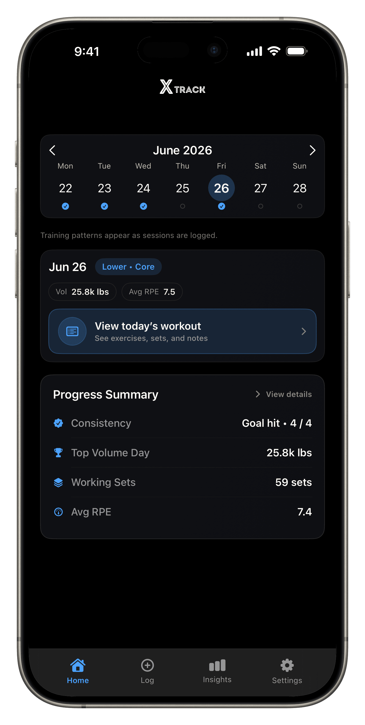 xTrack app home screen showing workout tracking and training stats.